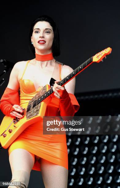 St Vincent performs on stage at All Points East in Victoria Park on June 3, 2018 in London, England.