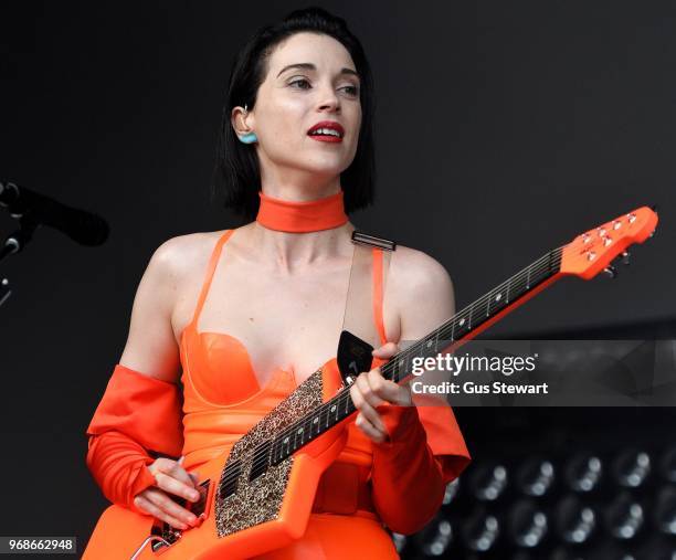 St Vincent performs on stage at All Points East in Victoria Park on June 3, 2018 in London, England.