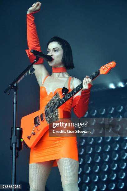 St Vincent performs on stage at All Points East in Victoria Park on June 3, 2018 in London, England.