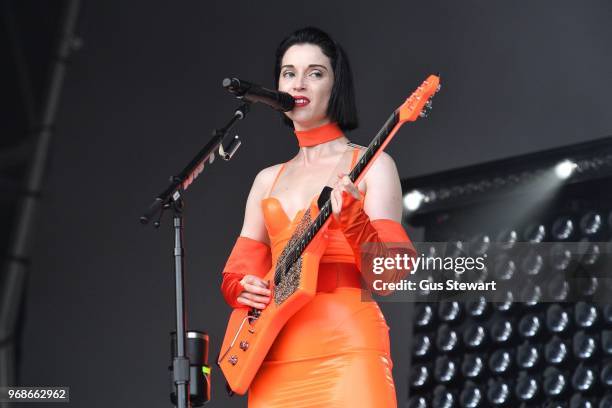 St Vincent performs on stage at All Points East in Victoria Park on June 3, 2018 in London, England.