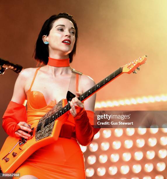 St Vincent performs on stage at All Points East in Victoria Park on June 3, 2018 in London, England.