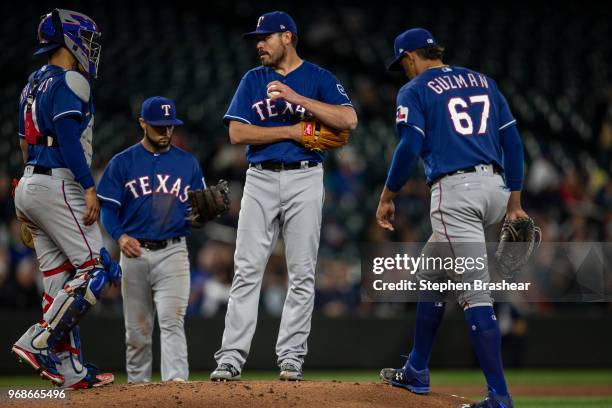 Catcher Robinson Chirinos of the Texas Rangersa, third baseman Isiah Kiner-Falefa, starting pitcher Matt Moore of the Texas Rangers and first baseman...