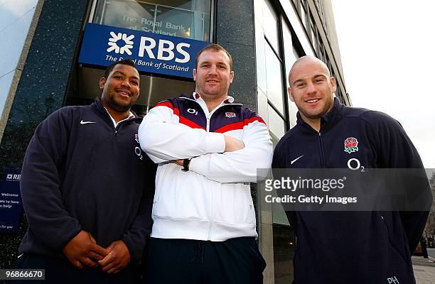 Steffon Armitage, Tim Payne and Paul Hodgson pose for photographs during the RBS Rugby Challenge at RBS Cavendish Square Branch, on February 19, 2010...