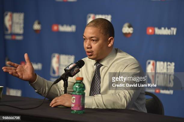 Head Coach Tyronn Lue of the Cleveland Cavaliers speaks with media before the game against the Golden State Warriors during Game Three of the 2018...