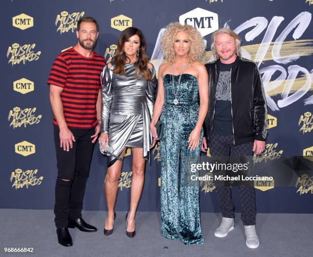 Jimi Westbrook, Karen Fairchild, Kimberly Schlapman, and Philip Sweet of Little Big Town attend the 2018 CMT Music Awards at Bridgestone Arena on...