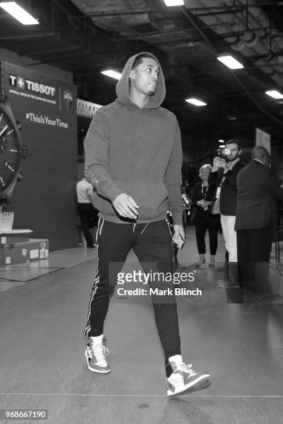 Jordan Clarkson of the Cleveland Cavaliers arrives at the arena before Game Three of the 2018 NBA Finals against the Golden State Warriors on June 6,...