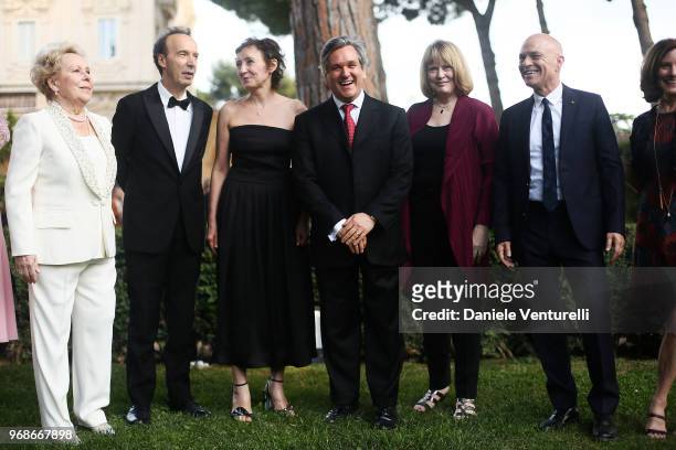 Renata Scotto, Roberto Benigni, Nicoletta Braschi, Antonio Pappano, Pamela Bullock, Mark Robbins attend the McKim Medal Gala 2018 at Villa Aurelia on...