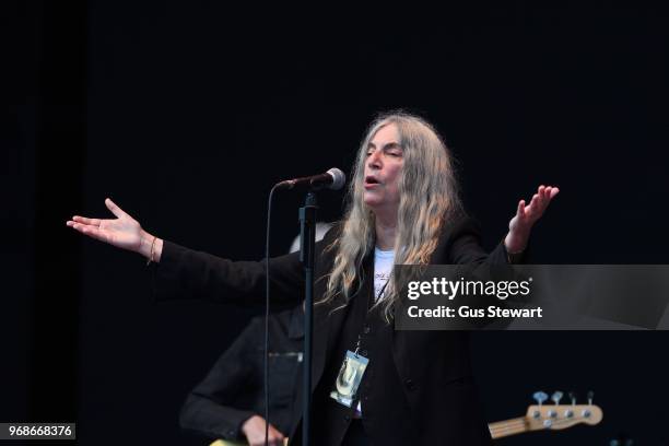 Patti Smith performs on stage at All Points East in Victoria Park on June 3, 2018 in London, England.