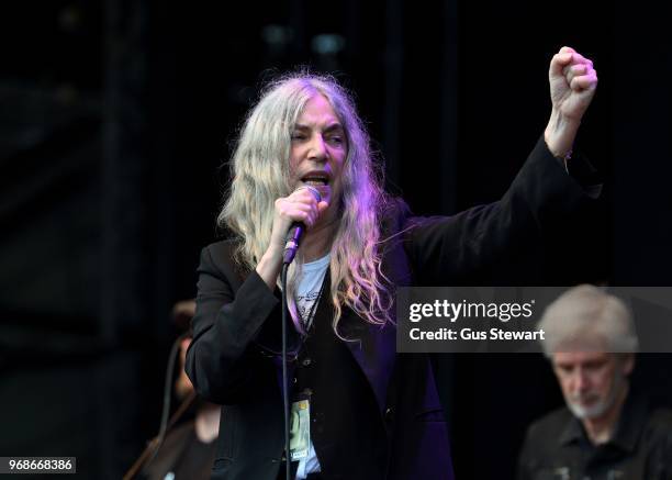 Patti Smith performs on stage at All Points East in Victoria Park on June 3, 2018 in London, England.