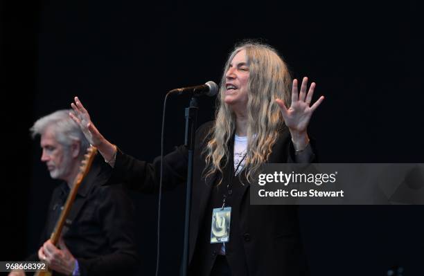 Patti Smith performs on stage at All Points East in Victoria Park on June 3, 2018 in London, England.