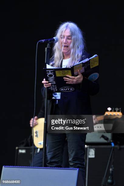 Patti Smith reads Allen Ginsberg's 'Howl' on his birthday at All Points East in Victoria Park on June 3, 2018 in London, England.
