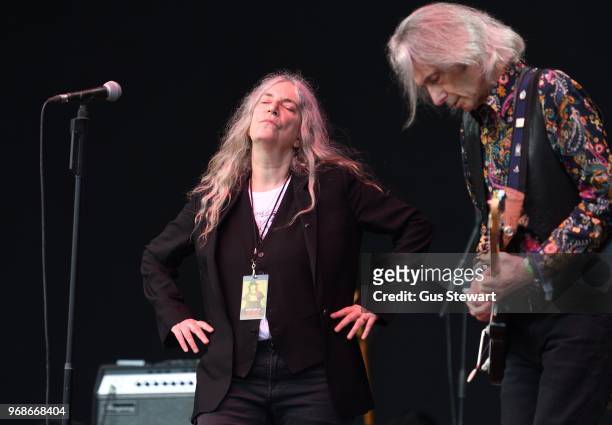 Patti Smith and Lenny Kaye perform on stage at All Points East in Victoria Park on June 3, 2018 in London, England.