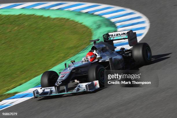 Michael Schumacher of Germany and Mercedes GP drives during winter testing at the Circuito De Jerez on February 19, 2010 in Jerez de la Frontera,...