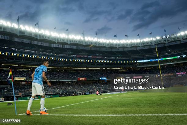 Jesus Medina of New York City lines up for the corner kick during the MLS Pride Night between New York City FC and Orlando City SC at Yankee Stadium...