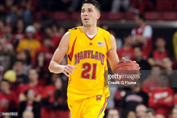 Greivis Vasquez of the Maryland Terrapins brings the ball up the court against the Virginia Cavaliers at the Comcast Center on February 15, 2010 in...