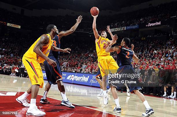 Greivis Vasquez of the Maryland Terrapins shoots the ball against the Virginia Cavaliers at the Comcast Center on February 15, 2010 in College Park,...