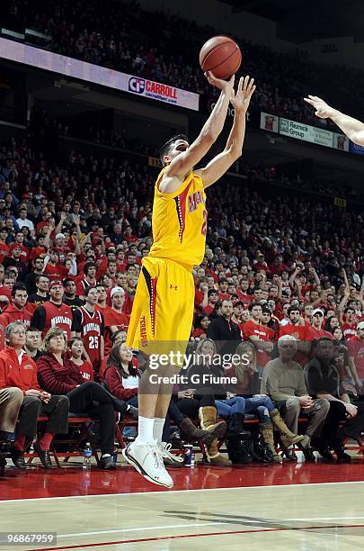 Greivis Vasquez of the Maryland Terrapins shoots a jump shot against the Virginia Cavaliers at the Comcast Center on February 15, 2010 in College...