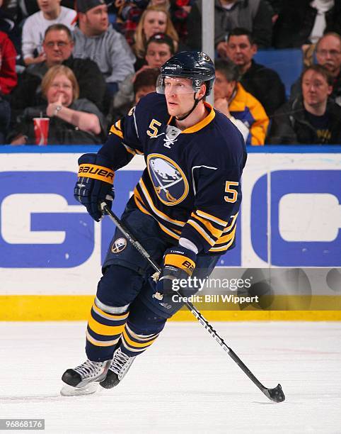 Toni Lydman of the Buffalo Sabres skates against the San Jose Sharks on February 13, 2010 at HSBC Arena in Buffalo, New York.