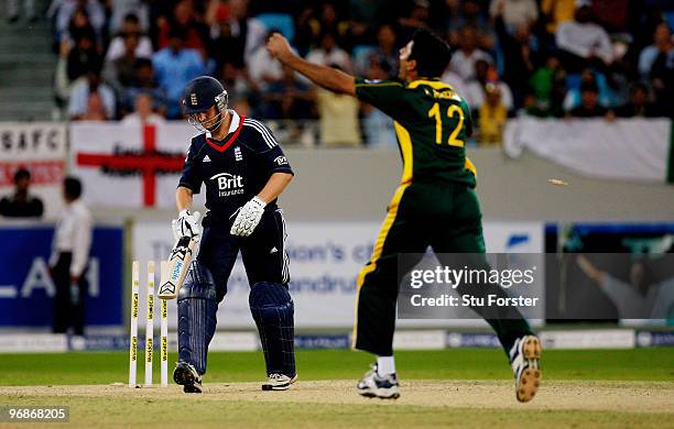 England batsman Jonathan Trott is bowled by Pakistan bowler Abdur Razzaq during the 1st World Call T-20 Challenge match between Pakistan and England...