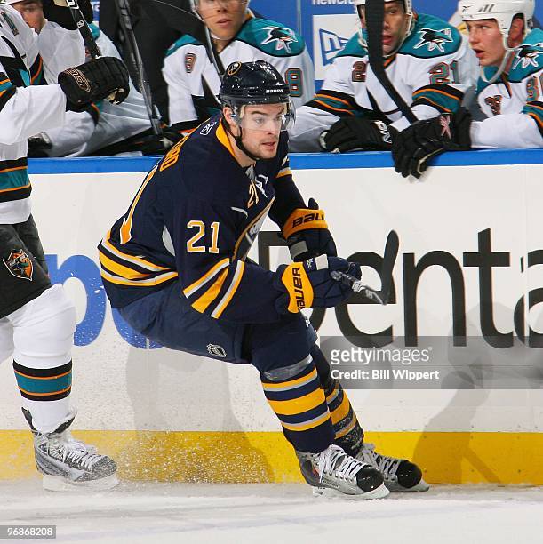 Drew Stafford of the Buffalo Sabres skates against the San Jose Sharks on February 13, 2010 at HSBC Arena in Buffalo, New York.