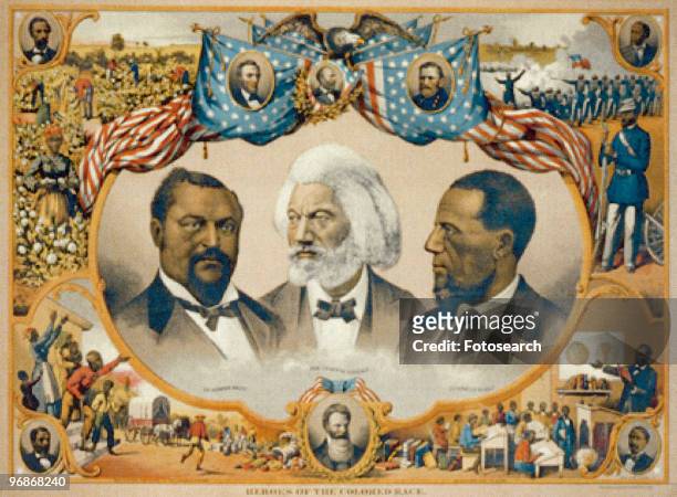 Colour Lithograph By J. Hoover titled 'Heroes Of The Colored Race' with portraits of Blanche Kelso Bruce, Frederick Douglas and Hiram Revels circa...