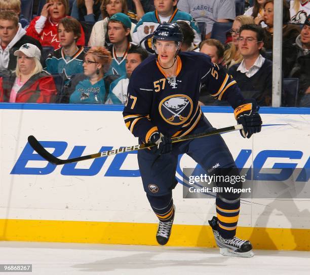 Tyler Myers of the Buffalo Sabres skates against the San Jose Sharks on February 13, 2010 at HSBC Arena in Buffalo, New York.