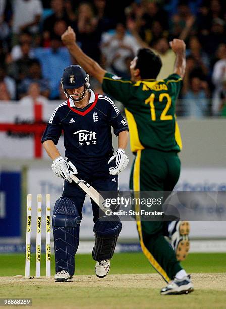 England batsman Jonathan Trott is bowled by Pakistan bowler Abdur Razzaq during the 1st World Call T-20 Challenge match between Pakistan and England...