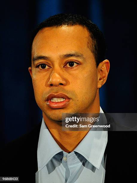 Tiger Woods makes a statement from the Sunset Room on the second floor of the TPC Sawgrass, home of the PGA Tour on February 19, 2010 in Ponte Vedra...