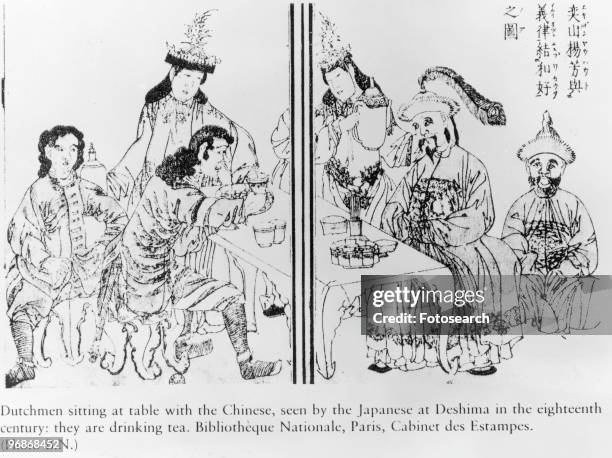 Illustration depicting 'Dutchmen sitting at table with the Chinese, seen by the Japanese at Deshima in the eighteenth century: they are drinking tea....