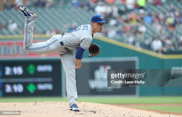 Aaron Sanchez of the Toronto Blue Jays pitches during the first inning of the game against the Detroit Tigers at Comerica Park on June 3, 2018 in...