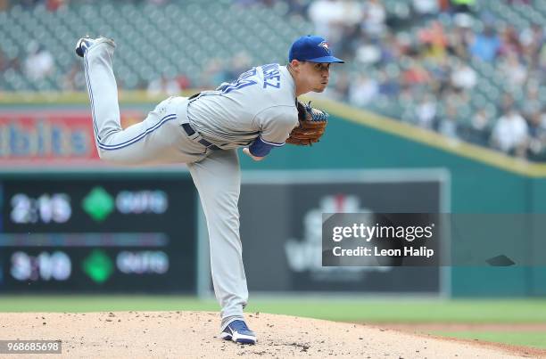 Aaron Sanchez of the Toronto Blue Jays pitches during the first inning of the game against the Detroit Tigers at Comerica Park on June 3, 2018 in...