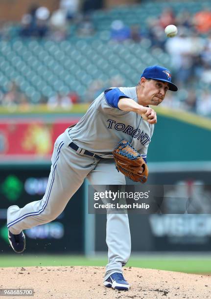 Aaron Sanchez of the Toronto Blue Jays pitches during the first inning of the game against the Detroit Tigers at Comerica Park on June 3, 2018 in...