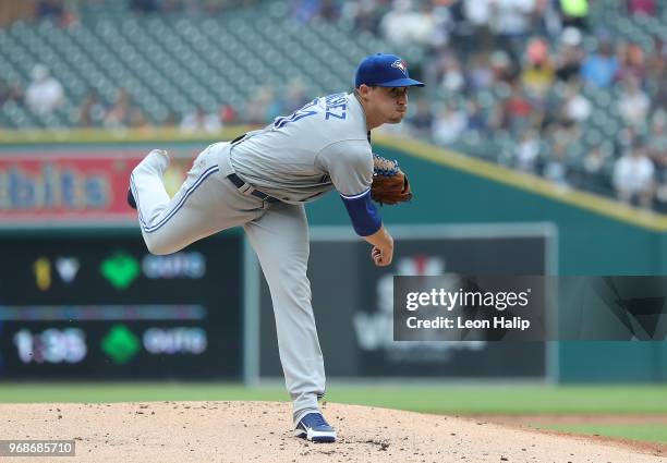 Aaron Sanchez of the Toronto Blue Jays pitches during the first inning of the game against the Detroit Tigers at Comerica Park on June 3, 2018 in...