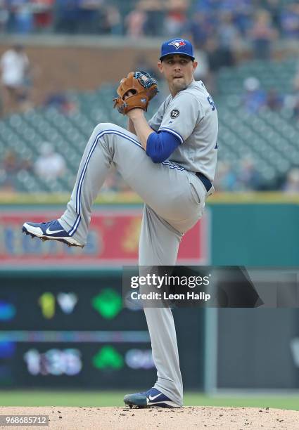 Aaron Sanchez of the Toronto Blue Jays pitches during the first inning of the game against the Detroit Tigers at Comerica Park on June 3, 2018 in...