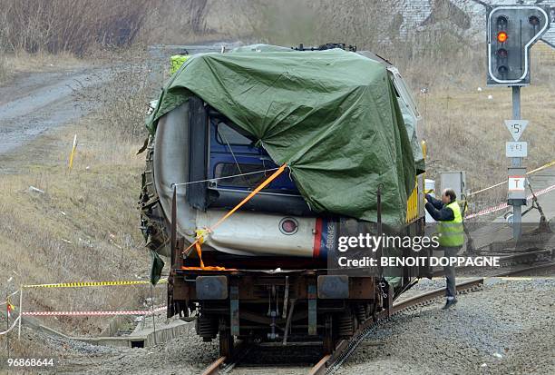 Picture taken on February 19, 2010 shows the wreckage of one of the two trains that collided last Monday near Buizingen train station. All Eurostar...