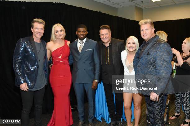 Joe Don Rooney of Rascal Flatts, Lindsey Vonn, P.K. Subban, Jay DeMarcus of Rascal Flatts, RaeLynn and Gary LeVox of Rascal Flatts attend the 2018...