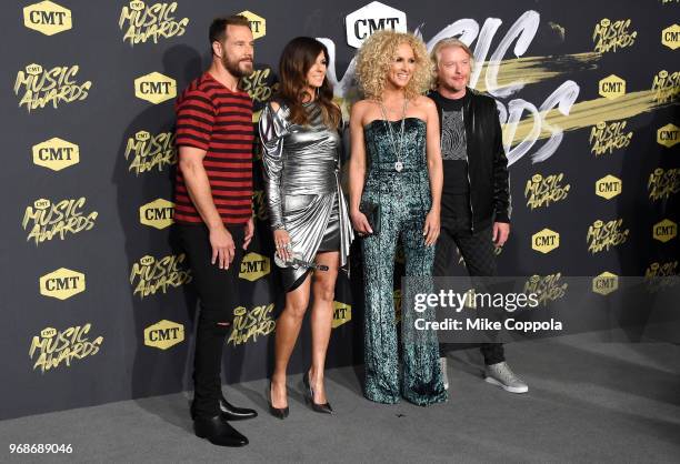 Jimi Westbrook, Karen Fairchild, Kimberly Schlapman and Philip Sweet of musical group Little Big Town attends the 2018 CMT Music Awards at...