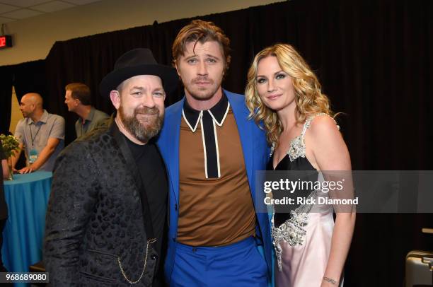 Kristian Bush , Jennifer Nettles of musical duo Sugarland and Garrett Hedlund attend the 2018 CMT Music Awards at Bridgestone Arena on June 6, 2018...