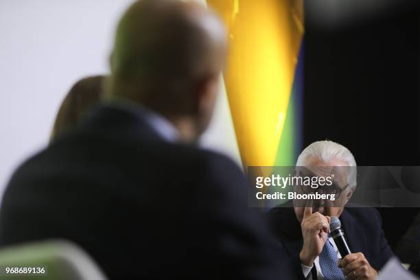 Guilherme Afif Domingos, presidential candidate for the Social Democratic Party , speaks an interview at a 2018 pre-candidates event hosted by the...