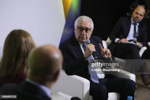 Guilherme Afif Domingos, presidential candidate for the Social Democratic Party , speaks an interview at a 2018 pre-candidates event hosted by the...