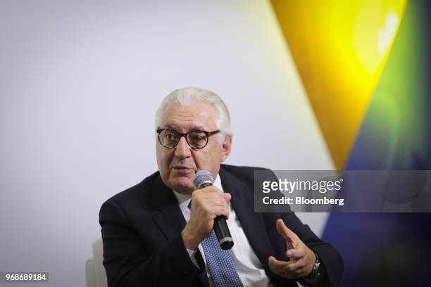 Guilherme Afif Domingos, presidential candidate for the Social Democratic Party , speaks an interview at a 2018 pre-candidates event hosted by the...