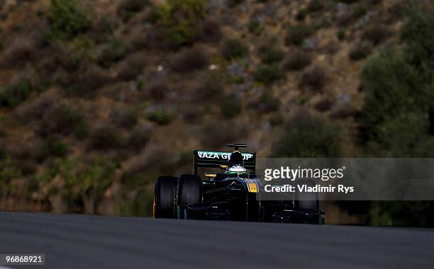 Heikki Kovalainen of Finland and Lotus drives during winter testing at the Circuito De Jerez on February 19, 2010 in Jerez de la Frontera, Spain.