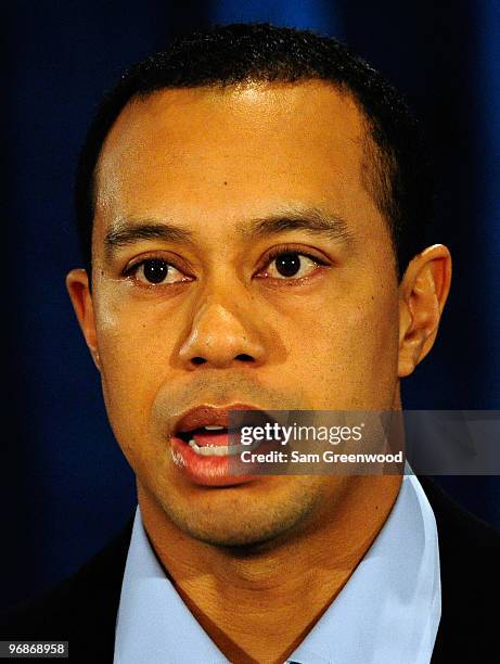 Tiger Woods makes a statement from the Sunset Room on the second floor of the TPC Sawgrass, home of the PGA Tour on February 19, 2010 in Ponte Vedra...