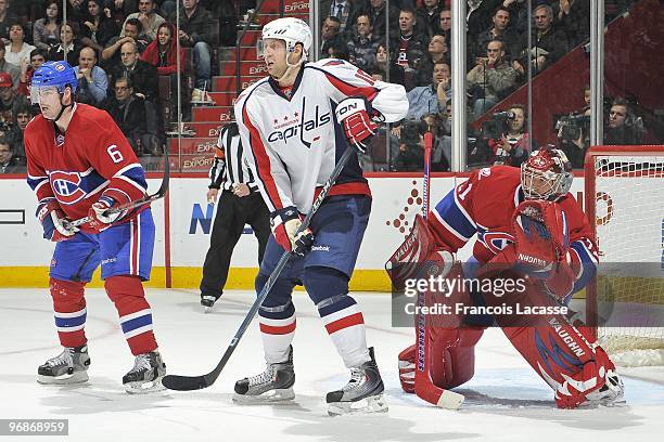 Eric Fehr of the Washington Capitals waits for a rebound in front of Carey Price of the Montreal Canadiens during the NHL game on February 10, 2010...