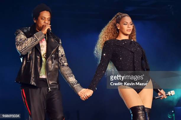 Jay-Z and Beyonce Knowles perform on stage during the "On the Run II" tour opener at Principality Stadium on June 6, 2018 in Cardiff, Wales.