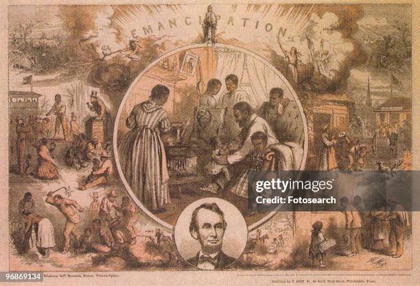 Illustration of the past and future of black people from slavery to freedom with portrait head of Abraham Lincoln circa 1860. .