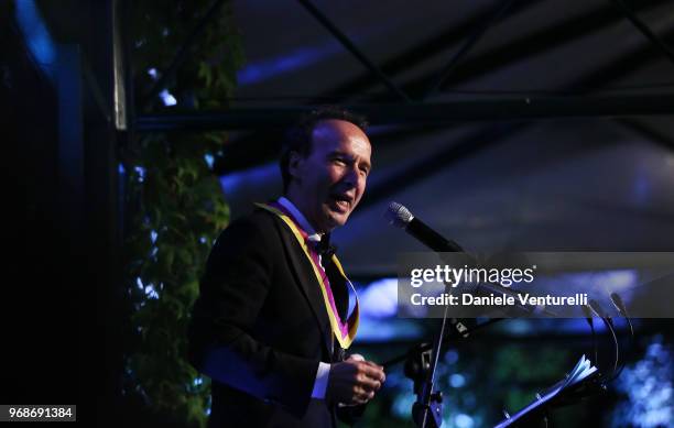 Roberto Benigni receives the McKim Medal during the McKim Medal Gala 2018 at Villa Aurelia on June 6, 2018 in Rome, Italy.