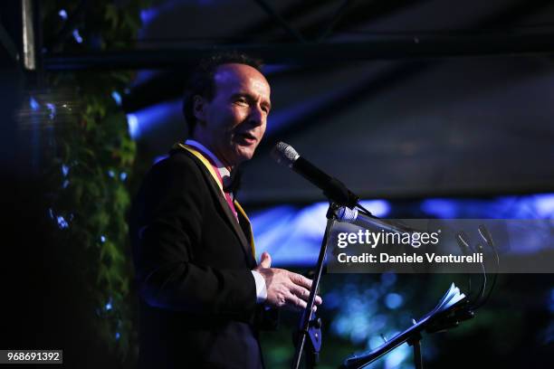 Roberto Benigni receives the McKim Medal during the McKim Medal Gala 2018 at Villa Aurelia on June 6, 2018 in Rome, Italy.