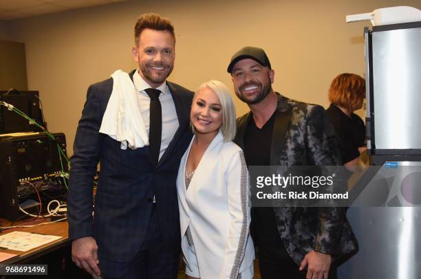 Joel McHale, RaeLynn and Cody Alan pose backstage at the 2018 CMT Music Awards - Backstage & Audience at Bridgestone Arena on June 6, 2018 in...
