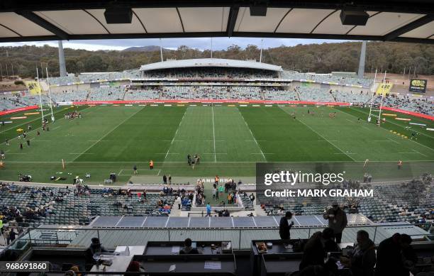 General view of the Canberra Stadium before the Super Rugby match between the ACT Brumbies and the Japanese Sunwolves in Canberra on June 3, 2018. /...